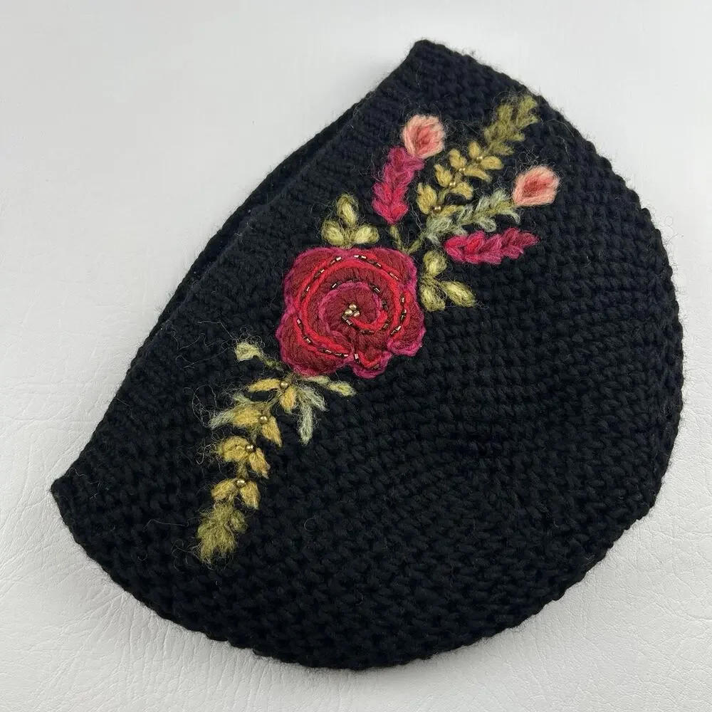 French Knot Black Wool Floral Embroidered Beanie Hat Lined One Size Women